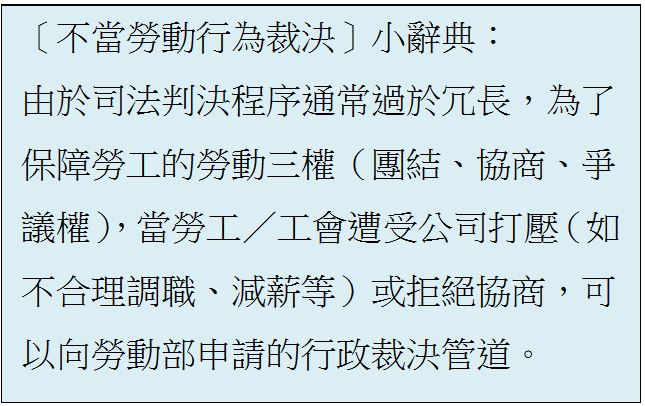 〔不當勞動行為裁決〕小辭典：由於司法判決程序通常過於冗長，為了保障勞工的勞動三權（團結、協商、爭議權），當勞工／工會遭受公司打壓（如不合理調職、減薪等）或拒絕協商，可以向勞動部申請的行政裁決管道。