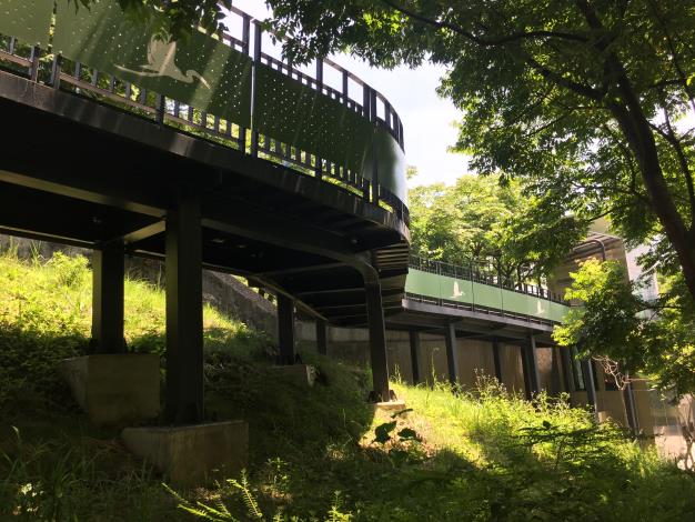 圖6、綠色的鋼構無障礙坡道與公園草木融為一體