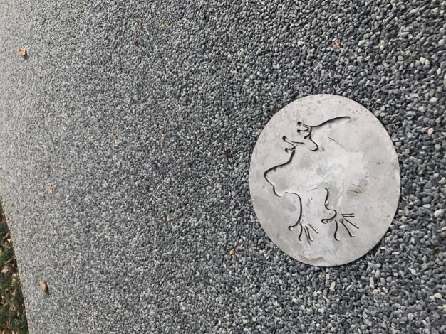 照片10.鑲嵌於地面的樹蛙圖像，象徵生命的跳躍
