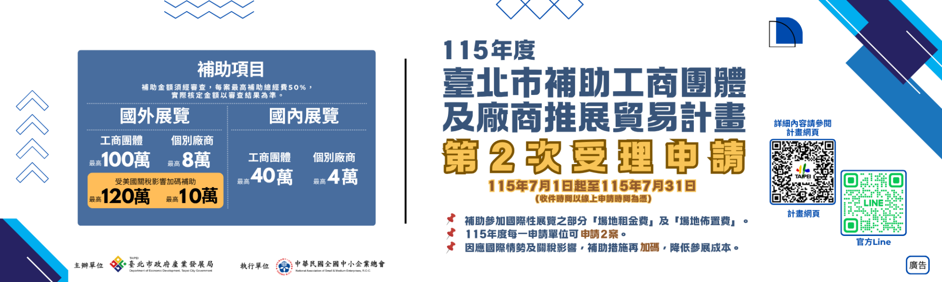 「臺北市補助工商團體及廠商推展貿易計畫」開放第2次受理申請
