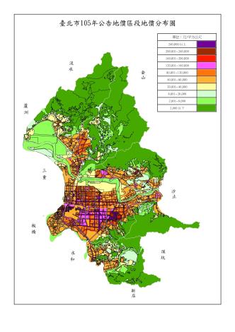 105年全市公告地價區段地價分布圖