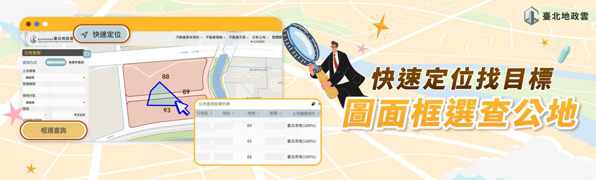 臺北地政雲圖面框選查公地， 臺北地政雲公地查詢