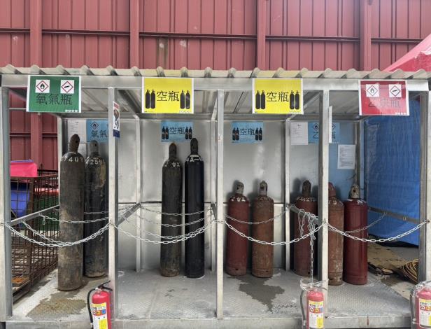 工地高壓氣體鋼瓶安穩置放並加固定及裝妥護蓋之貯存