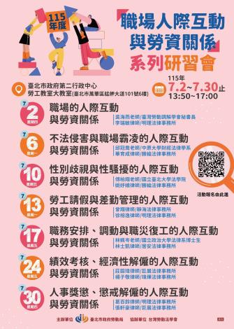 圖說:臺北市勞動局115年度「職場人際互動與勞資關係」系列研習會場次表