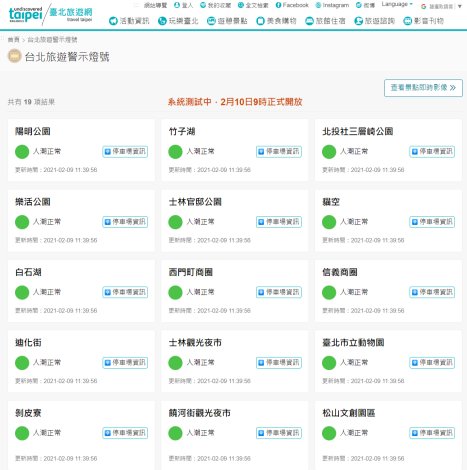 今年更新建「台北旅遊警示燈號」，明(10)日上線提供19處北市熱門景點人潮警示，每小時由景點現場人員回報，並參考手機基地台電信訊號及週邊停車場停車空位數等資訊，提供不同燈號供民眾參考。