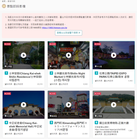 繼去年4月推出景點即時影像系統，近期配合中央相關防疫措施建議，明(10)日啟用25支即時影像畫面，點位囊括北市知名景點、場館等，供民眾連假出遊參考使用。
