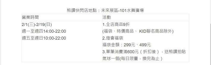 熊讚快閃店地點：未來展區-101水舞廣場