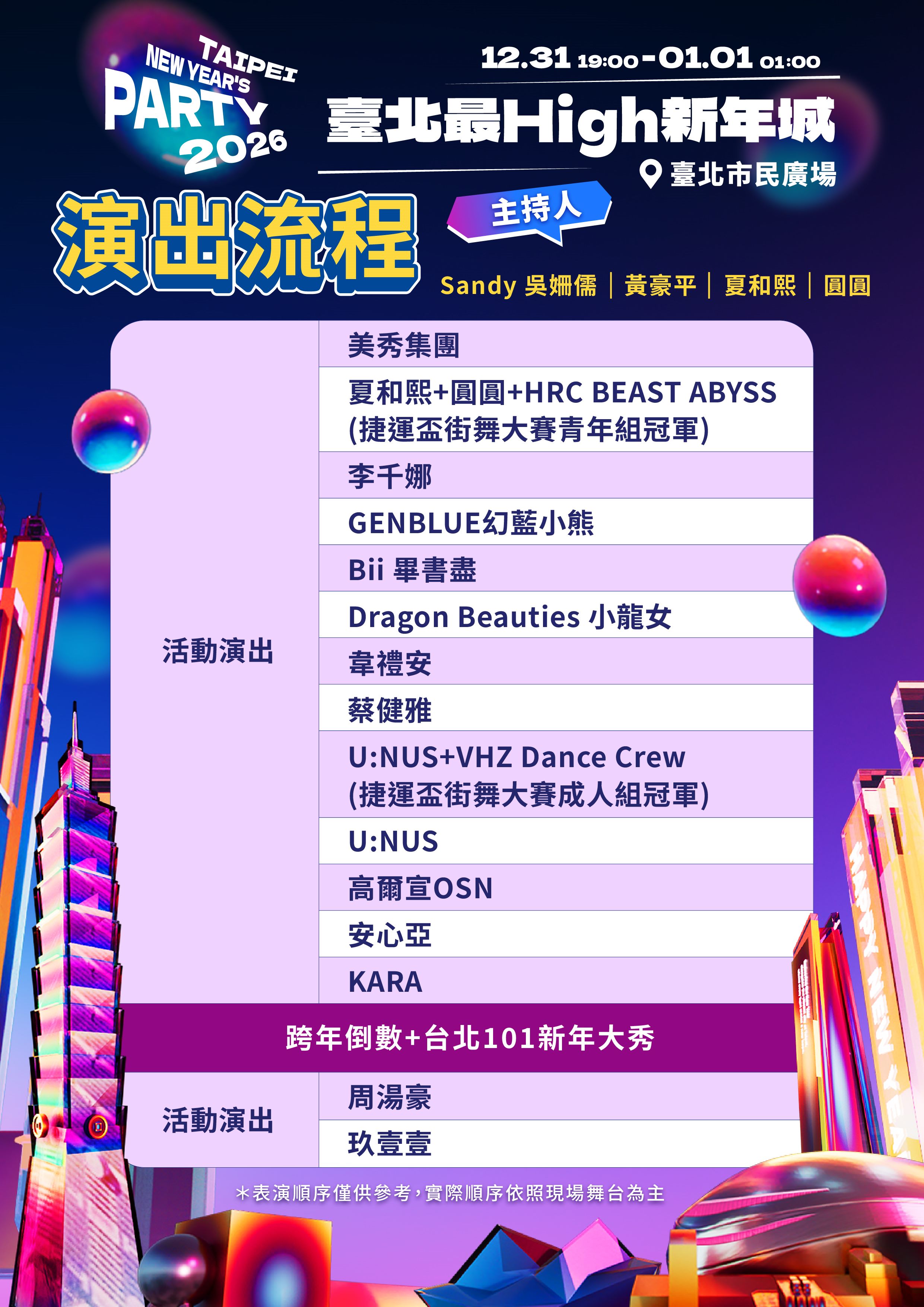 臺北最High新年城-2026跨年晚會卡司