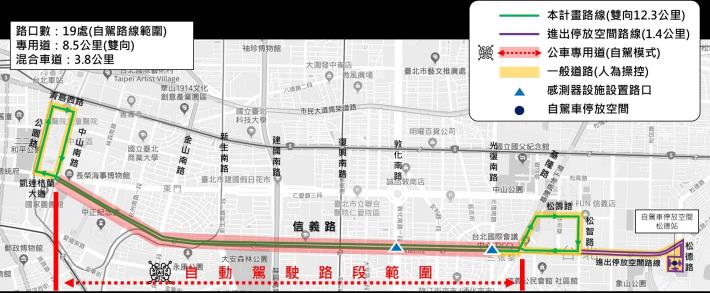 圖1：臺北市信義路公車專用道自駕巴士創新實驗計畫夜間測試路線