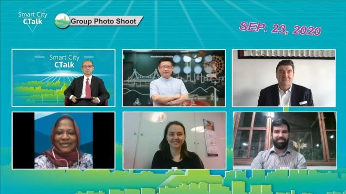 圖4：第2場C-Talk主持人與各國代表及組織視訊合照（台灣科技大學教授周碩彥、台北市政府產發局局長林崇傑、德國紅點設計創辦人暨執行長Dr. Peter Zec、奈及利亞資通訊創新創業辦公室國際協調員Amina Sambo-Magaji博士、俄羅斯莫斯科市創新局資訊與協調處處長Mr. Kirill Ilnitski、厄瓜多創新技術商會營業成長經理Mr. Enric Castillo）