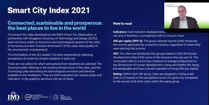 圖1：IMD智慧城市觀察主席 Bruno Lanvin說明洛桑管理學院與新加坡設計科技大學共同發表2021 全球智慧城市指數(SCI)報告重點