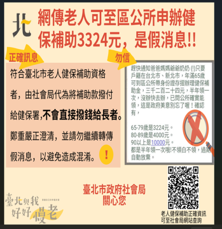 澄清「臺北市發給老人健保補助金」假訊息宣導