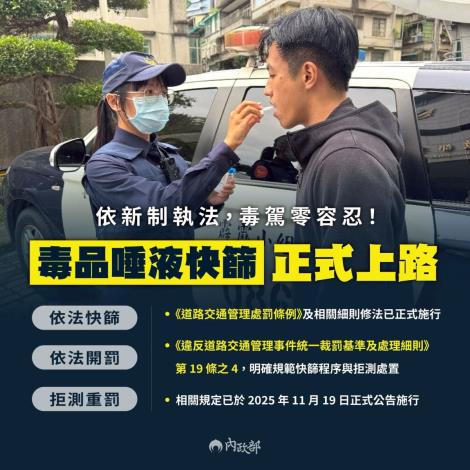 毒品唾液快篩正式上路