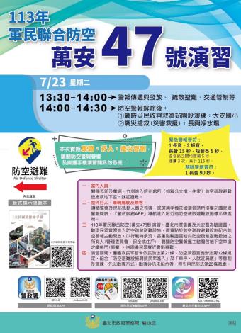 113年軍民聯合防空萬安47號演習宣導文宣