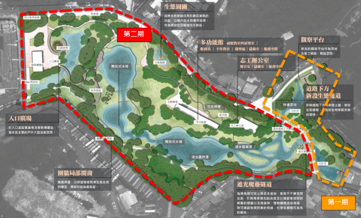 臺北市永春陂濕地公園平面配置圖，配合用地規劃分為二期工程。