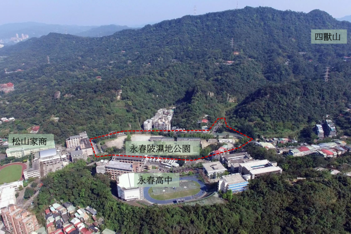 臺北市永春陂濕地公園與周邊環境關係位置空照圖。