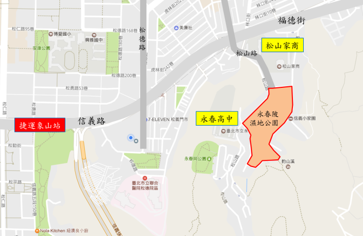 臺北市永春陂濕地公園與周邊環境關係位置地形圖。