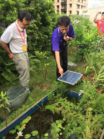 設置太陽能板提供生態水池打氣循環所需的用電