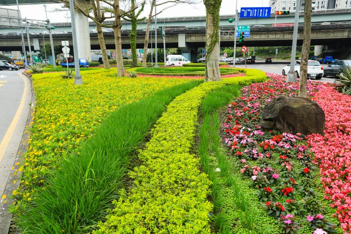 圖3、春季時的成功路二段高架下，以粉紅色與黃色系作搭配。
