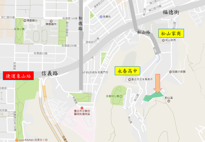 臺北市永春陂濕地公園第一期與周邊環境關係位置地形圖。