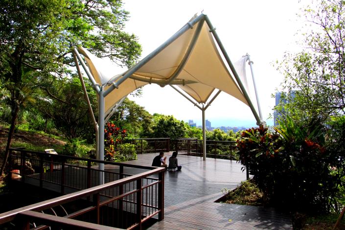 劍南蝶園眺望平台可直視臺北雙地標-美麗華摩天輪及101大樓，更可將臺北盆地景觀盡收眼底