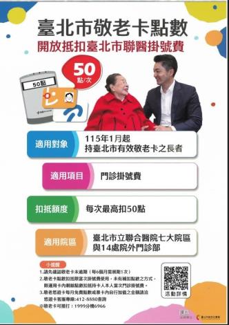 北市敬老卡可扣扺聯醫7院區及14院外門診部掛號費最高50點