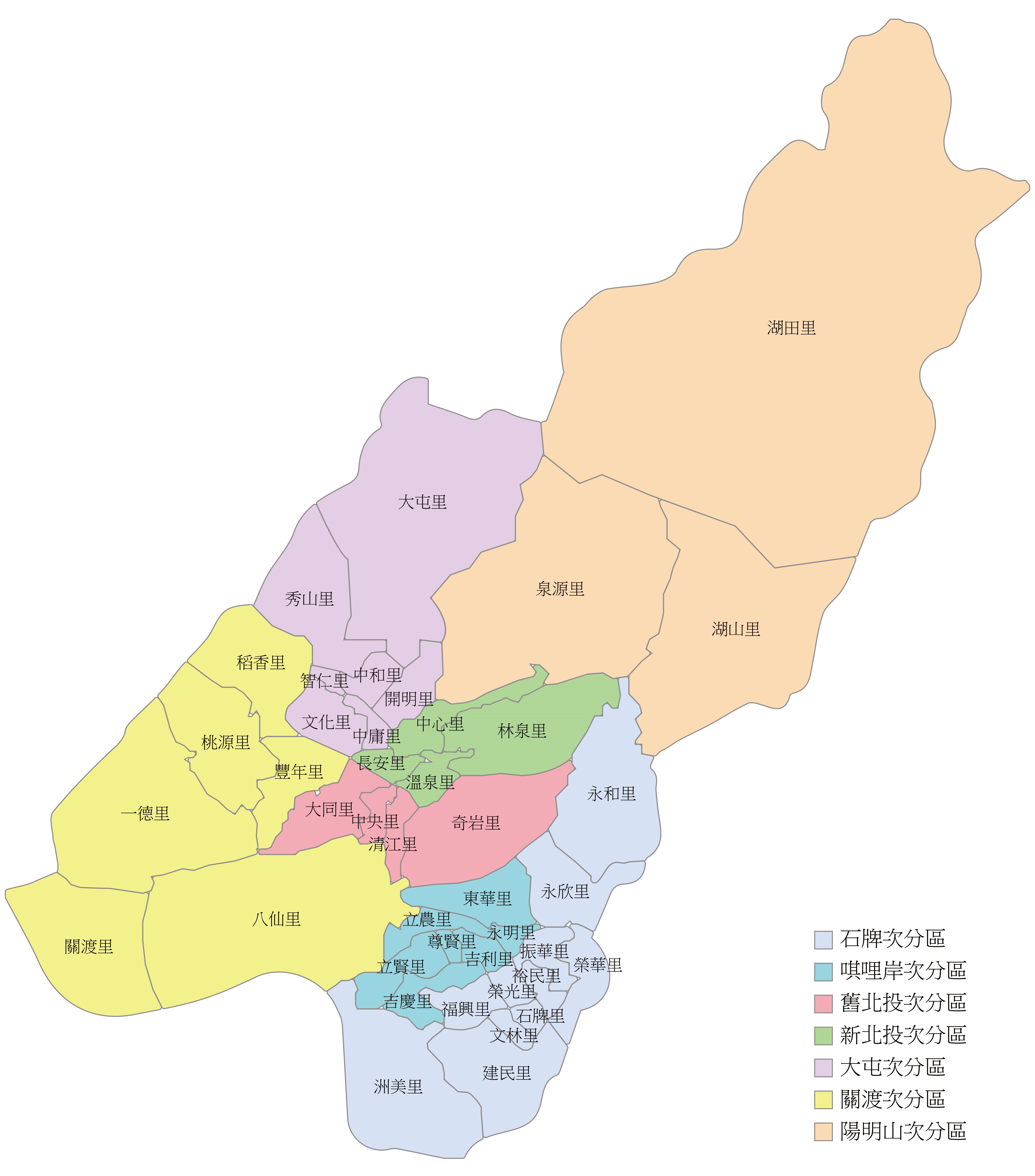 本圖為臺北市北投區各里分布圖，依照顏色表示次分區分類；並於區塊標示各里里名