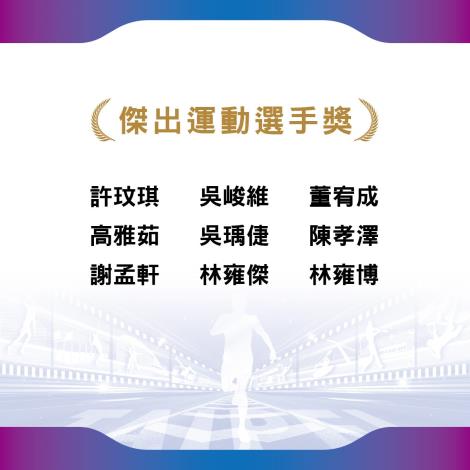 傑出運動選手獎獲獎者為許玟琪、吳峻維、董宥成、高雅茹、吳瑀倢、陳孝澤、謝孟軒、林雍傑、林雍博