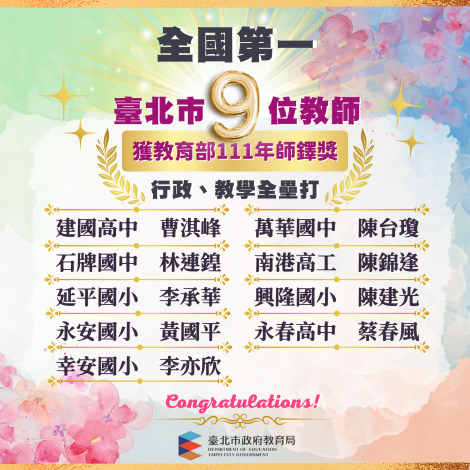 教育部111年師鐸獎臺北市9名教師獲獎，全國第一，行政、教學全壘打！