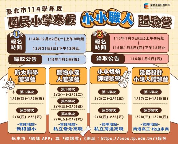 114學年度國民小學寒假小小職人體驗營報名資訊海報