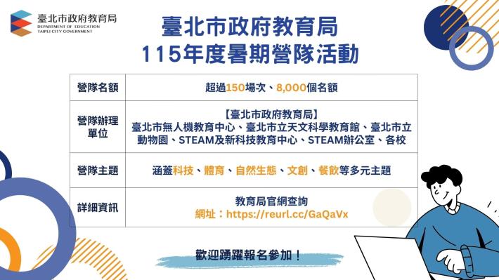 臺北市教育局115年度暑期營隊活動報名資訊海報