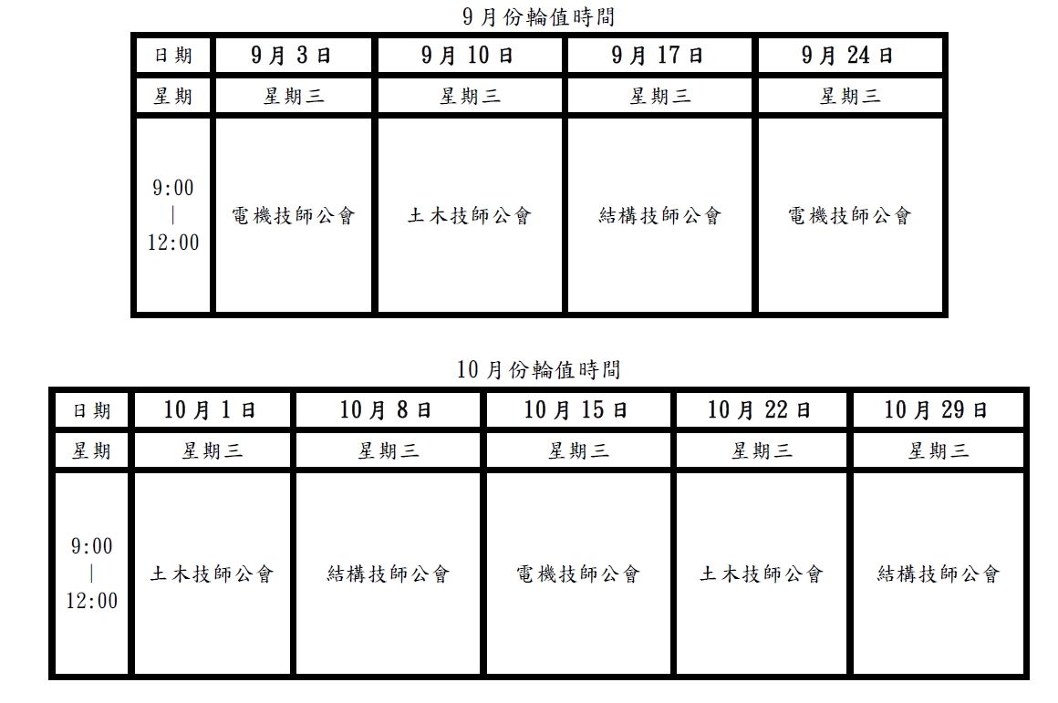 工程專家諮詢服務團輪值表