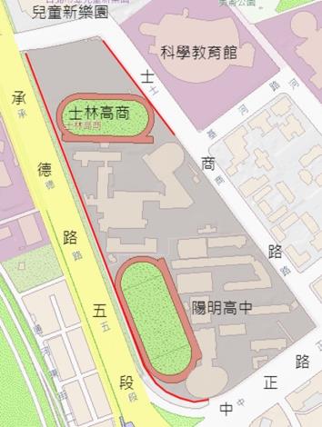 圖1 士林高商周邊人行道工程平面位置圖(紅線位置)
