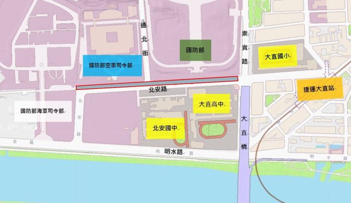 圖1北安路東往西車道(崇實路口至國防部海軍司令部側門前)路面更新範圍