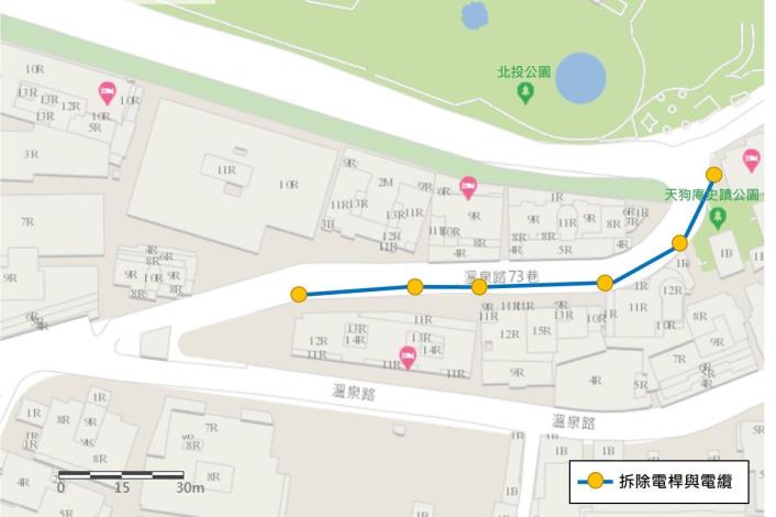 圖1 溫泉路73巷電纜線地下化平面位置圖