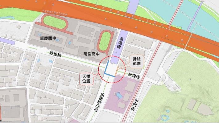 圖1 承德敦煌人行天橋東側跨敦煌路段位置圖