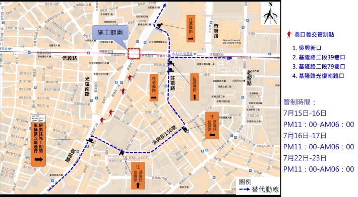 圖4第一階段往北方向車流改道動線規劃-義交管制路口