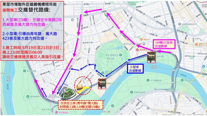圖2 果菜市場改建聯外匝道夜間施工(水快往士林封閉)交維替代路線示意圖