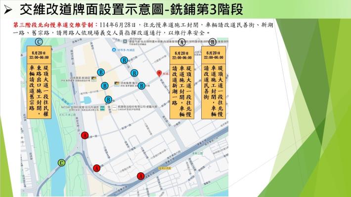 圖4堤頂大道一段路面銑鋪更新交維管制示意圖(第三階段北向慢車道)