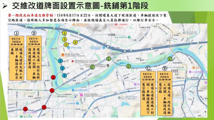 圖2堤頂大道一段路面銑鋪更新交維管制示意圖(第一階段北向車道)