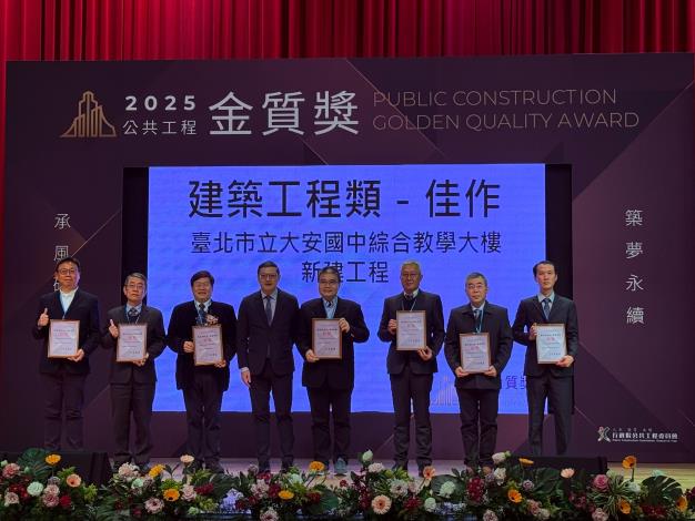 圖1「大安國中綜合教學大樓新建工程」獲得建築類第一級佳作，由吳再欽副處長受獎