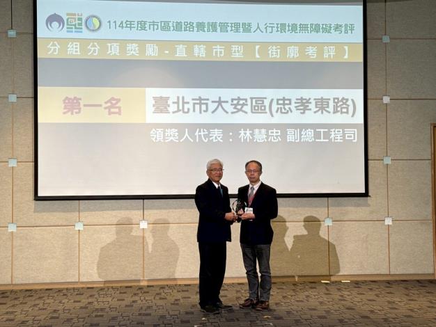 Figure 5. Chief Engineer Yuan-Shun Yu of the National Land Management Agency presents the First Place award for the Street Layout Evaluation (Special Municipality Group), and Deputy Chief Engineer Hui-Chung Lin of the New Construction Office, Public Works Department, Taipei City Government accepts the award on behalf of the Taipei City Government