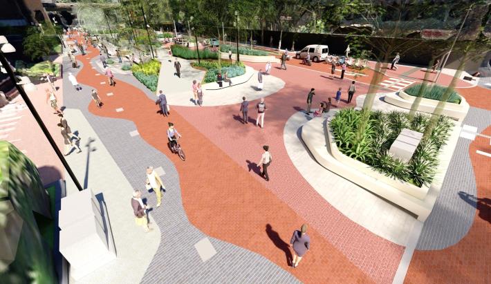 A people-centric pedestrian plaza (visionary depiction)