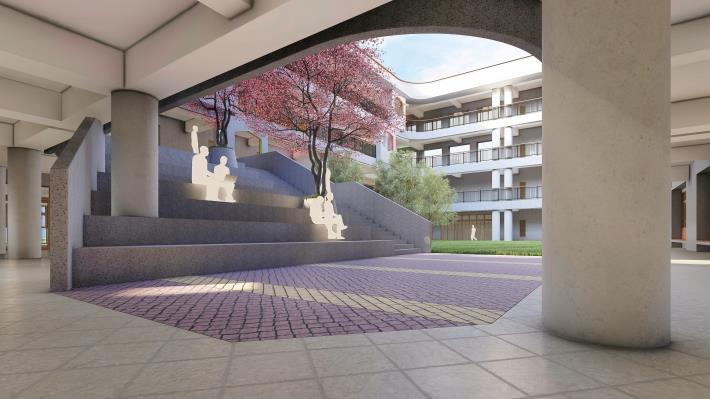 Rendering of the large staircase in the courtyard