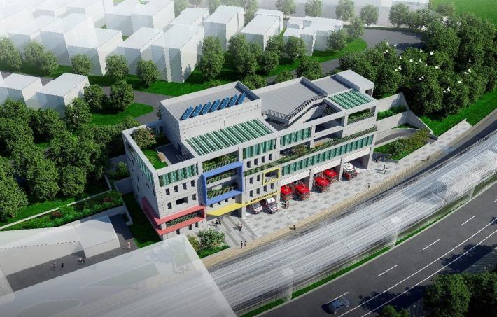 Image 6. Rendering of the exterior of the Fire Department Dahu Station upon completion (Southwest downward view)