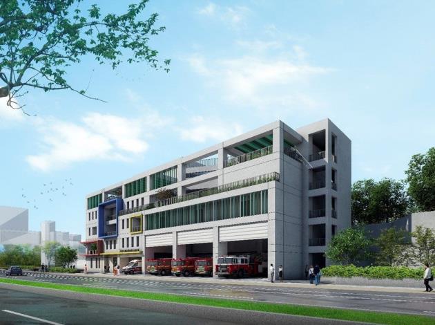 Image 7. Rendering of the exterior of the Fire Department Dahu Station upon completion (Southeast upward view)