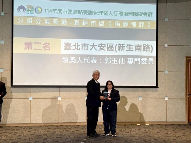 Figure 6. Chief Engineer Yuan-Shun Yu of the National Land Management Agency presents the Second Place award for the Street Layout Evaluation (Special Municipality Group), and Senior Specialist Yu-Hsien Kuo of the New Construction Office, Public Works Department, Taipei City Government accepts the award on behalf of the Taipei City Government