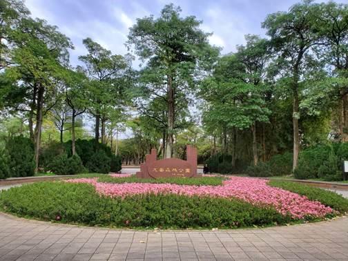 圖4.公園11號入口區以5月開花俗稱夏鵑的皋月杜鵑及草花，以迴繞的線條重新形塑如盛開花朵圖形的「花形廣場」