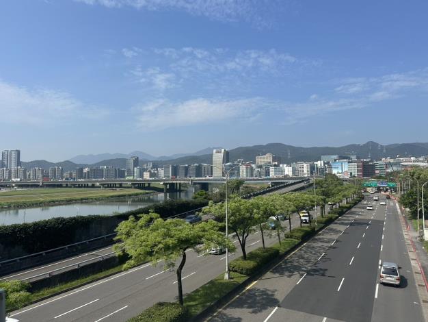 (圖2) 臺北正吹起優雅的「紫暴」旋風，堤頂大道上筆直的苦楝