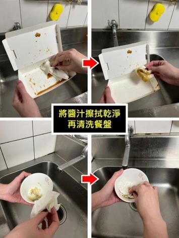 使用廢棄紙巾擦拭餐盤上殘餘醬汁及油脂